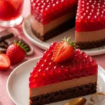 Jelly Cake mit Erdbeeren und Schokolade auf einem Teller serviert