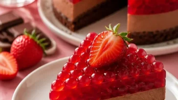 Jelly Cake mit Erdbeeren und Schokolade auf einem Teller serviert