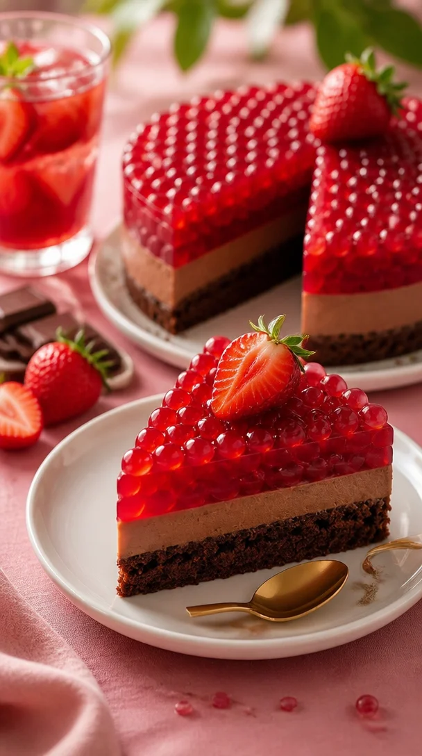 Jelly Cake mit Erdbeeren und Schokolade auf einem Teller serviert