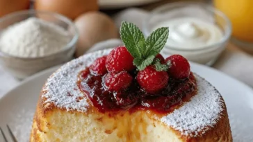 Leckerer Joghurt-Wolkenkuchen auf einem Tisch serviert