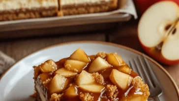 Karamell-Apfel-Käsekuchen-Riegel mit frischen Äpfeln und cremigem Käsekuchen