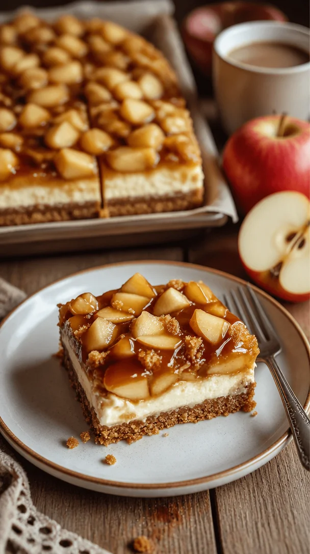 Karamell-Apfel-Käsekuchen-Riegel mit frischen Äpfeln und cremigem Käsekuchen