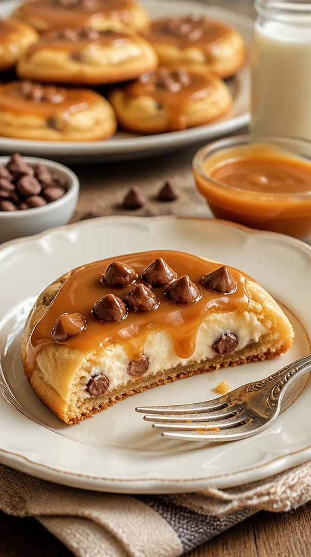 Karamell-Käsekuchen-Kekse auf einem Teller, frisch gebacken und dekoriert.