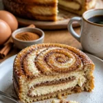 Käsekuchen mit Zimtschnecken auf einem Teller garniert