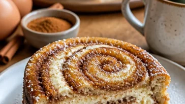 Käsekuchen mit Zimtschnecken auf einem Teller garniert