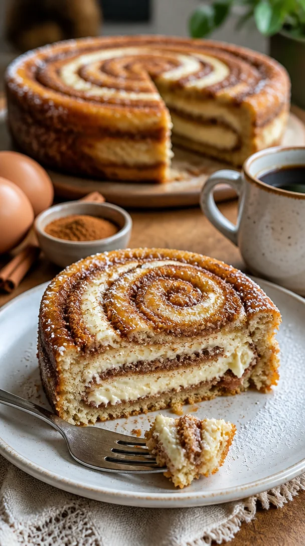 Käsekuchen mit Zimtschnecken auf einem Teller garniert