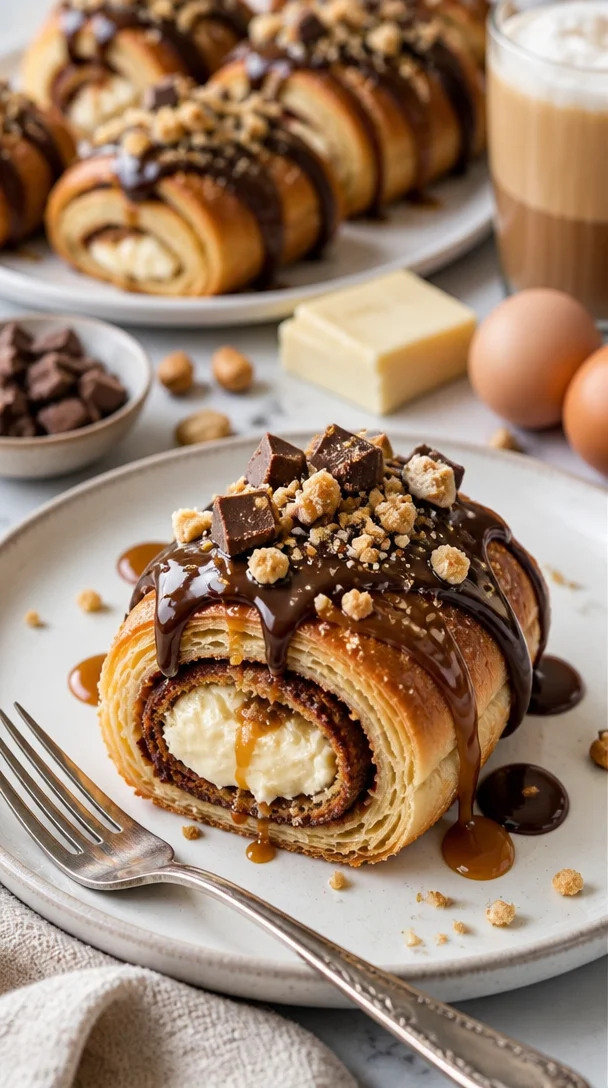 Käsekuchen-Rollen mit knusprigem Karamell-Crunch auf einem Teller