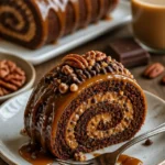 Klebriger Schokoladen-Karamell-Schildkrötenkuchen-Rollade auf einem Teller