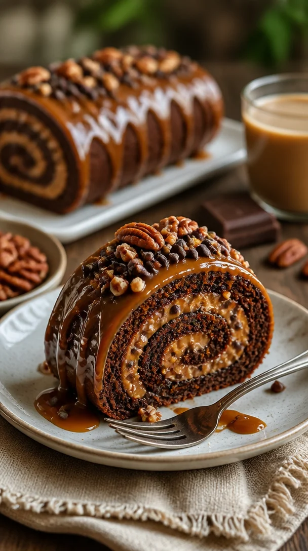 Klebriger Schokoladen-Karamell-Schildkrötenkuchen-Rollade auf einem Teller