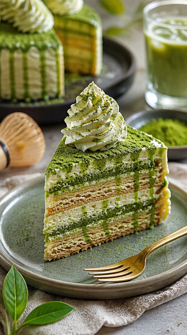 Matcha Mille-Crêpe-Kuchen mit zarten Schichten und grünem Teegeschmack