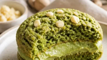 Matcha Schokoladenkekse mit grüner Tee Creme auf einem weißen Teller