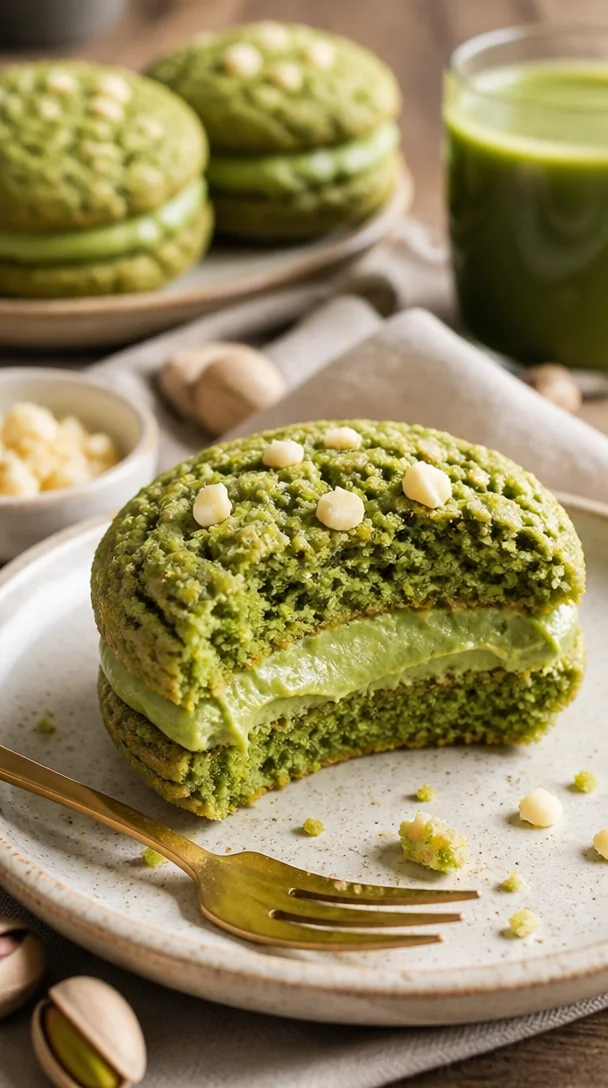 Matcha Schokoladenkekse mit grüner Tee Creme auf einem weißen Teller