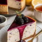 Maulbeeren- und Earl Grey-Käsekuchen auf einem Teller