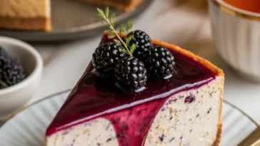 Maulbeeren- und Earl Grey-Käsekuchen auf einem Teller
