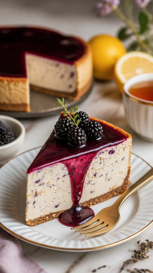 Maulbeeren- und Earl Grey-Käsekuchen auf einem Teller