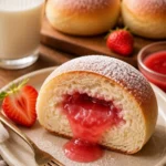 Milch-Erdbeer-Marmeladenbrötchen mit frischer Erdbeermarmelade auf einem Teller