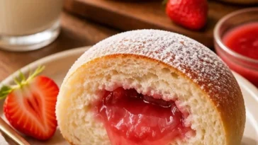 Milch-Erdbeer-Marmeladenbrötchen mit frischer Erdbeermarmelade auf einem Teller