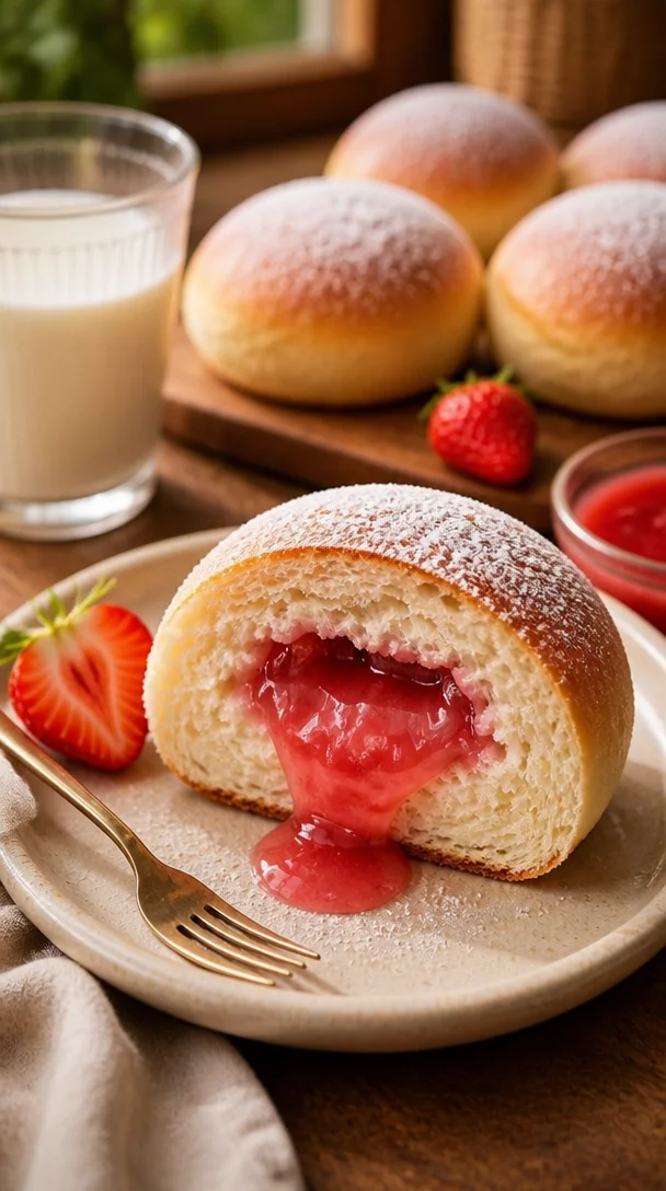 Milch-Erdbeer-Marmeladenbrötchen mit frischer Erdbeermarmelade auf einem Teller