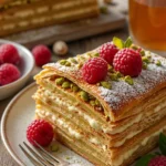 Mille Feuille mit cremiger Pistazienfüllung auf einem Teller