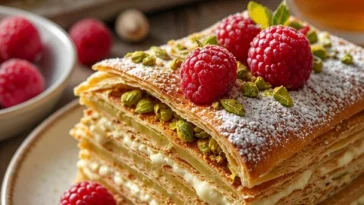 Mille Feuille mit cremiger Pistazienfüllung auf einem Teller
