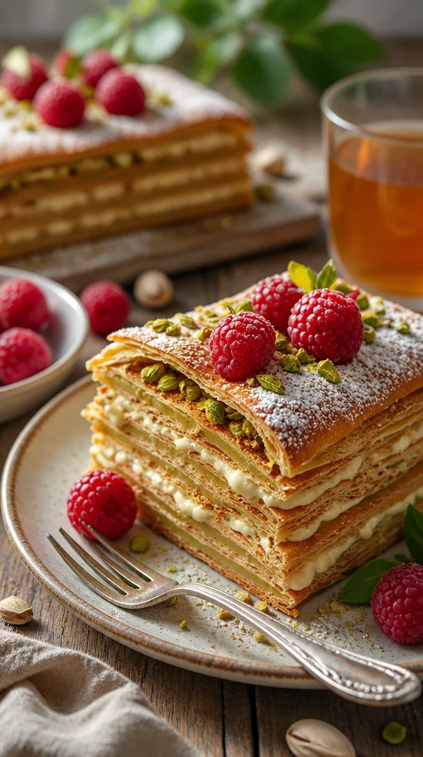 Mille Feuille mit cremiger Pistazienfüllung auf einem Teller