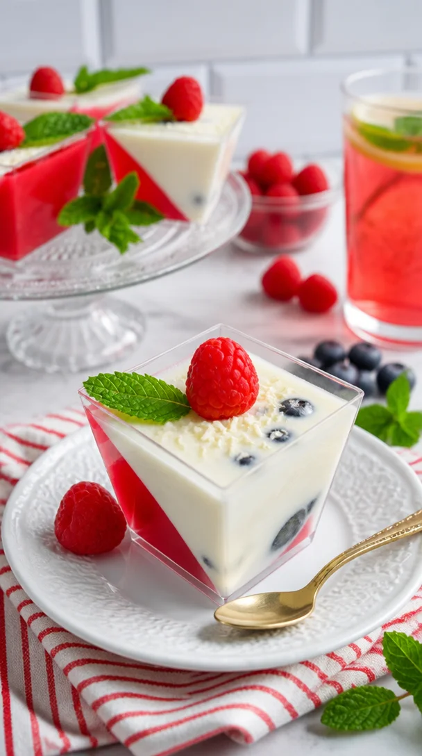 Mini-Desserts Panna Cotta mit Gelee auf einem eleganten Teller serviert.