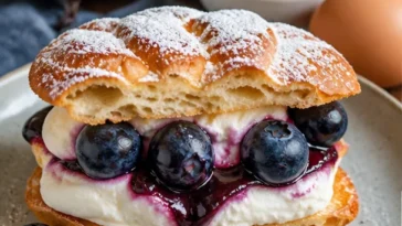 Mini Funnel Cake Sandwiches mit Blaubeer-Vanille-Creme genießen