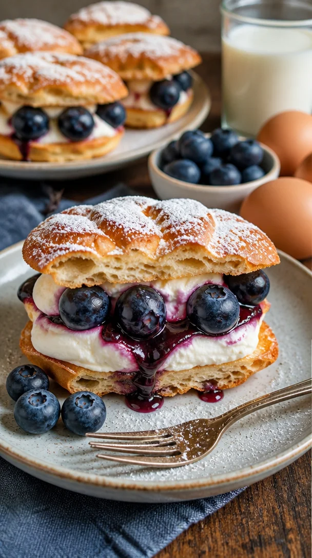 Mini Funnel Cake Sandwiches mit Blaubeer-Vanille-Creme genießen