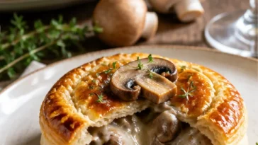Mini Pilz- und Gruyère-Pasteten auf einem Teller serviert.