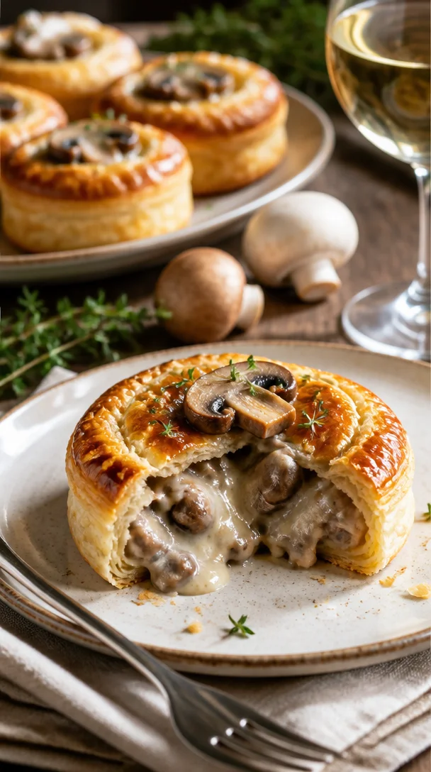 Mini Pilz- und Gruyère-Pasteten auf einem Teller serviert.