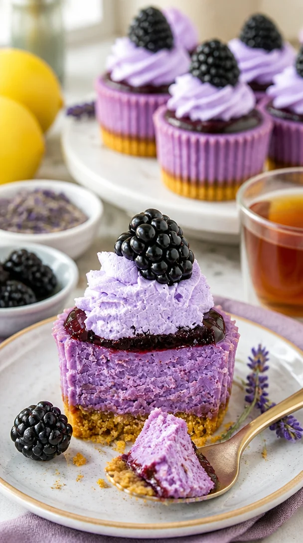 Mini Schwarzbeeren-Lavendel-Käsekuchen auf einem weißen Teller