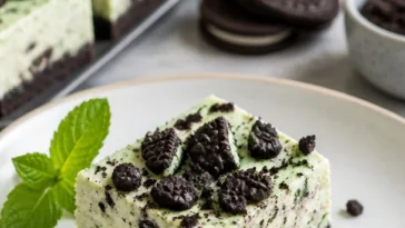 Minz-Oreo-Käsekuchen-Riegel auf einem Teller, perfekt für Käsekuchen-Liebhaber