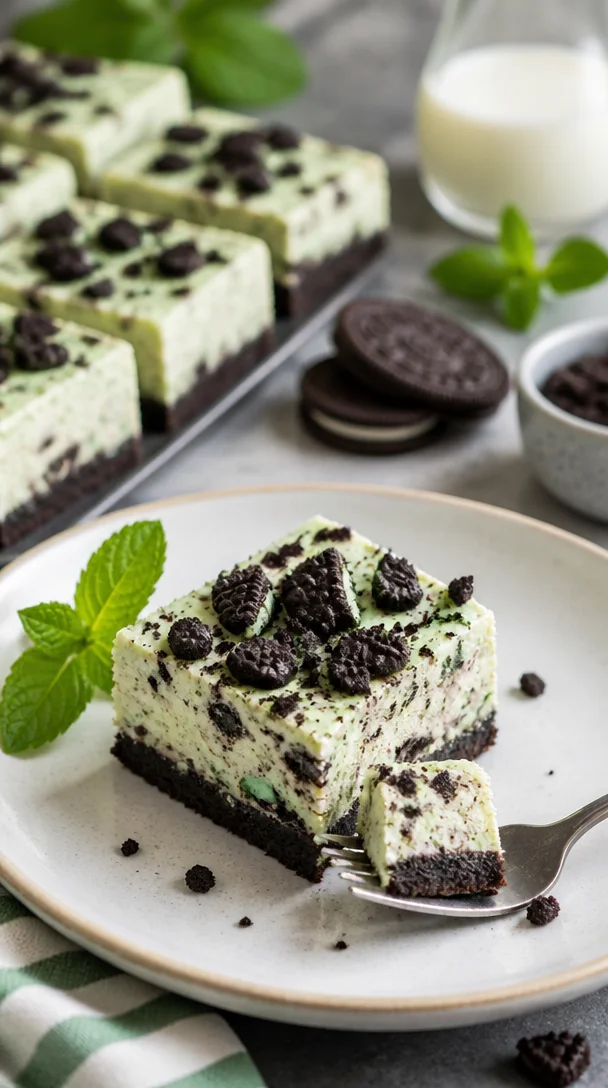 Minz-Oreo-Käsekuchen-Riegel auf einem Teller, perfekt für Käsekuchen-Liebhaber