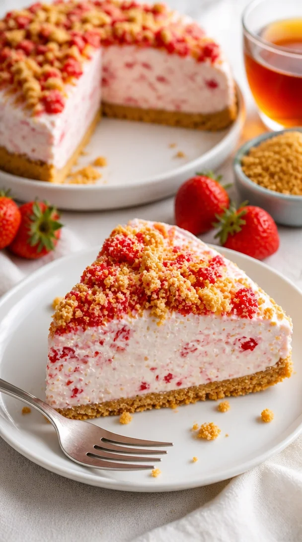 No-Bake Erdbeer-Crunch-Cheesecake auf einem weißen Teller