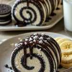 No-Bake Oreo-Käsekuchen-Sushi-Rollen auf einem weißen Teller
