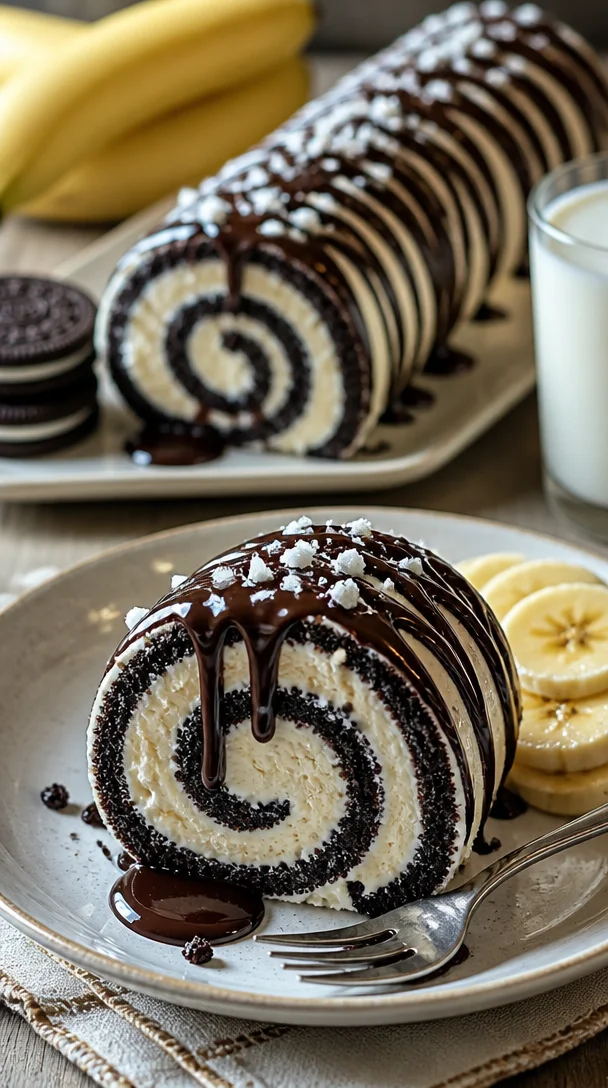No-Bake Oreo-Käsekuchen-Sushi-Rollen auf einem weißen Teller