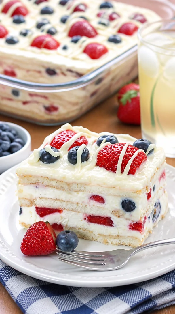 No-Bake Sommerbeeren-Eiskuchen mit frischen Beeren und Sahne