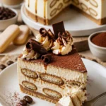 No-Bake Tiramisu-Käsekuchen mit Schichten von Kaffee und Käsecreme.