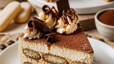 No-Bake Tiramisu-Käsekuchen mit Schichten von Kaffee und Käsecreme.