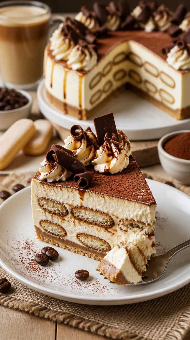 No-Bake Tiramisu-Käsekuchen mit Schichten von Kaffee und Käsecreme.