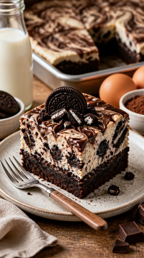 Oreo Käsekuchen Brownies auf einem Teller mit Oreo-Keksen dekoriert.