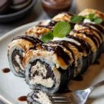 Oreo-Käsekuchen-Sushi-Rolle schmeckt köstlich und ist ein kreatives Dessert.