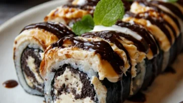 Oreo-Käsekuchen-Sushi-Rolle schmeckt köstlich und ist ein kreatives Dessert.