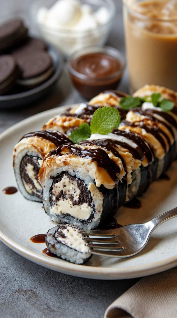 Oreo-Käsekuchen-Sushi-Rolle schmeckt köstlich und ist ein kreatives Dessert.