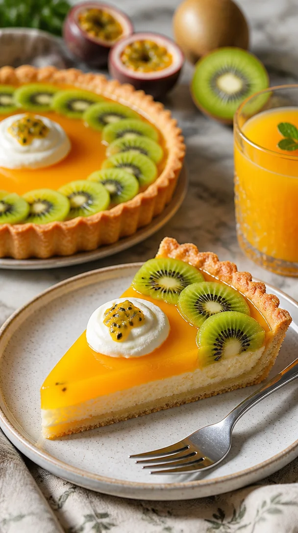 Leckere Passionsfrucht-Tarte mit frischen Früchten und knusprigem Boden