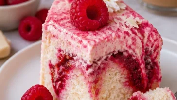 Perfekter weißer Schokoladen-Himbeer-Kuchen mit Himbeeren und Schokoladenglasur.