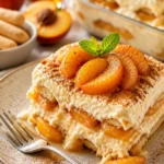 Pfirsich-Cobbler-Tiramisu mit frischen Pfirsichen und Schichten von Mascarpone-Creme