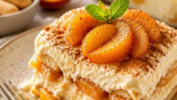 Pfirsich-Cobbler-Tiramisu mit frischen Pfirsichen und Schichten von Mascarpone-Creme
