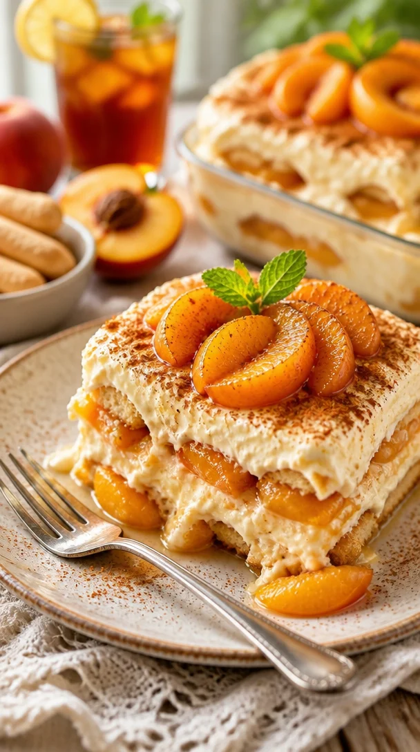 Pfirsich-Cobbler-Tiramisu mit frischen Pfirsichen und Schichten von Mascarpone-Creme