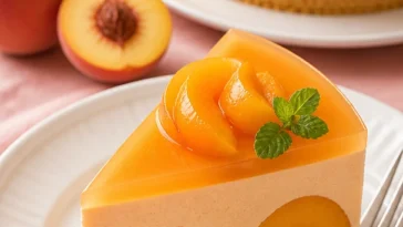Pfirsich-Mousse-Kuchen auf einem Teller, dekoriert mit frischen Pfirsichen.